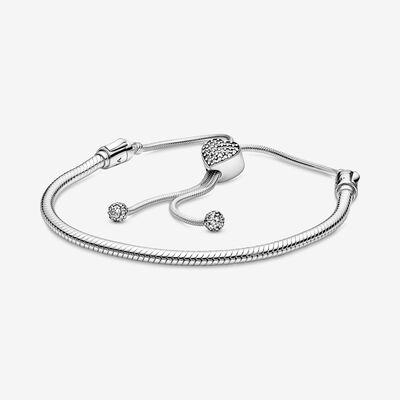 Pandora Moments Pavé Heart Clasp Snake Chain Slider Bracelet, Sterling silver, Clear, Cubic Zirconia - PANDORA - #598699C01