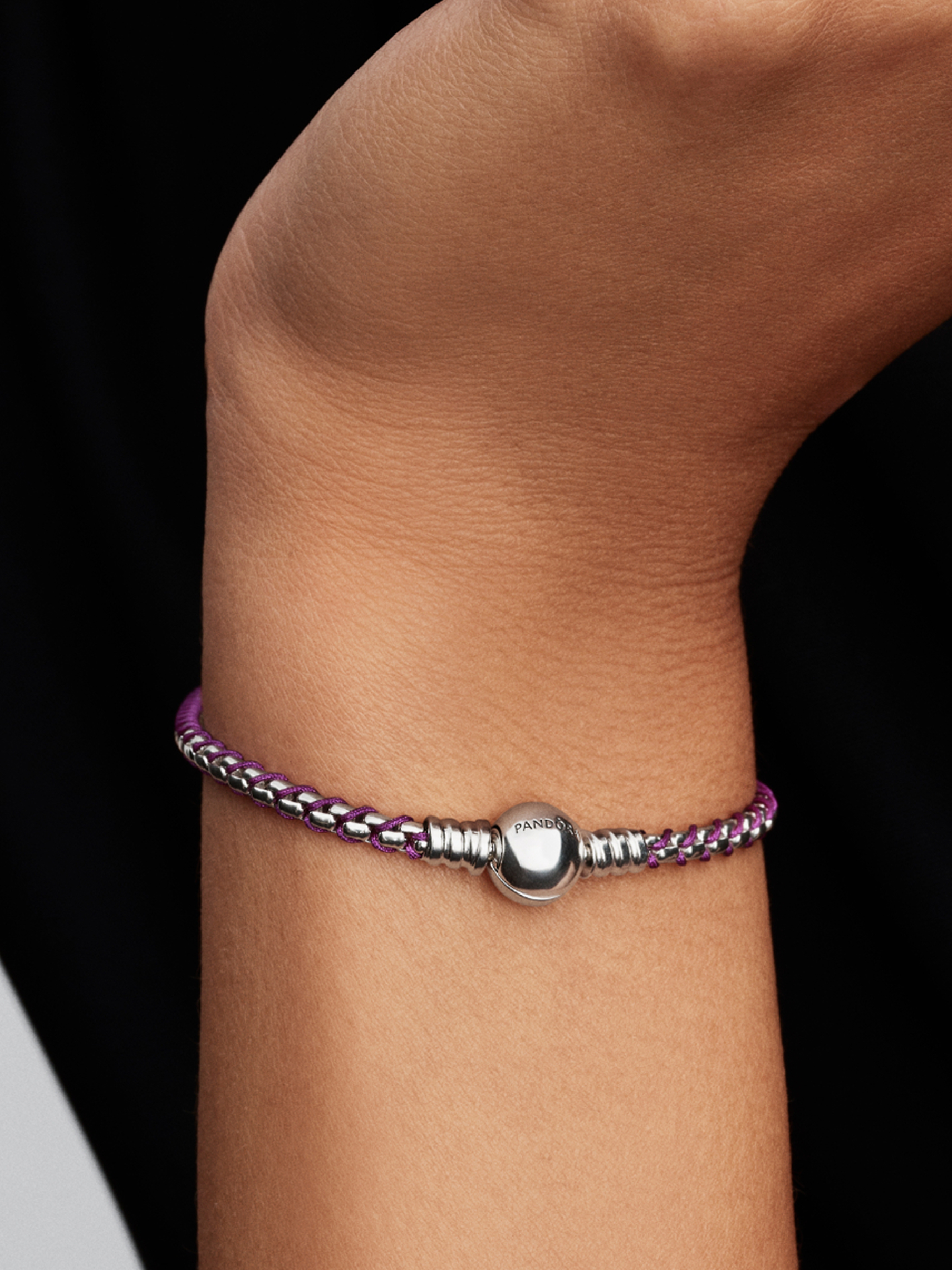 Женский браслет Pandora Purple Cord Box Chain, цвет: Серебро — фото 3