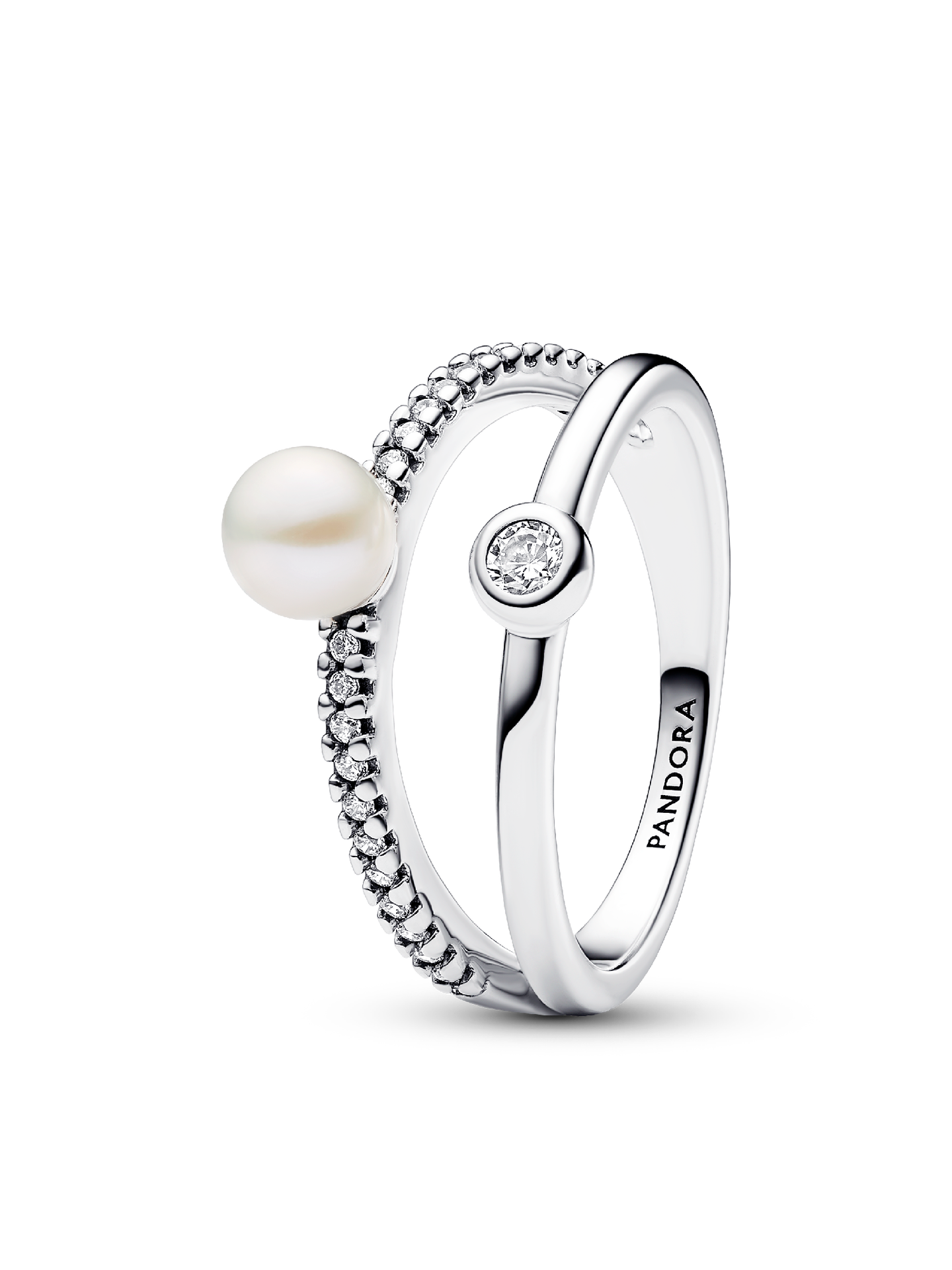Женское кольцо Pandora Treated Freshwater Cultured Pearl & Pavé Double Band, цвет: Серебро — фото 1