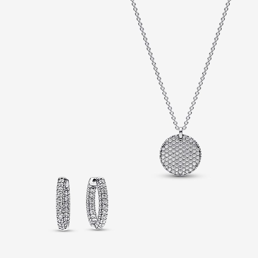 Pavé Round Necklace and Hoop Earrings Set image number 0