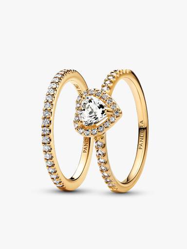 Playful Love Golden Elevated Heart Sparkling Band Ring Set