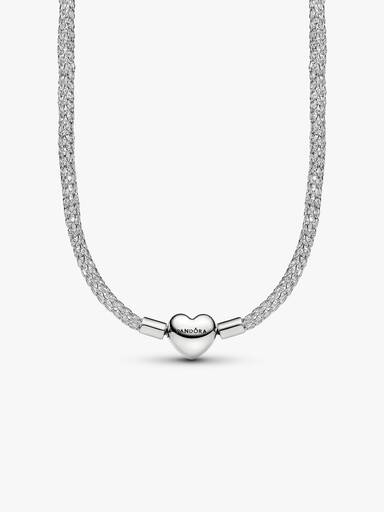 Heart Clasp Sparkling Mesh Necklace, Platinum Plated