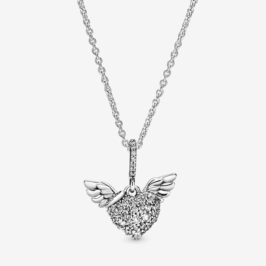 Pavé Heart and Angel Wings Necklace, Sterling silver