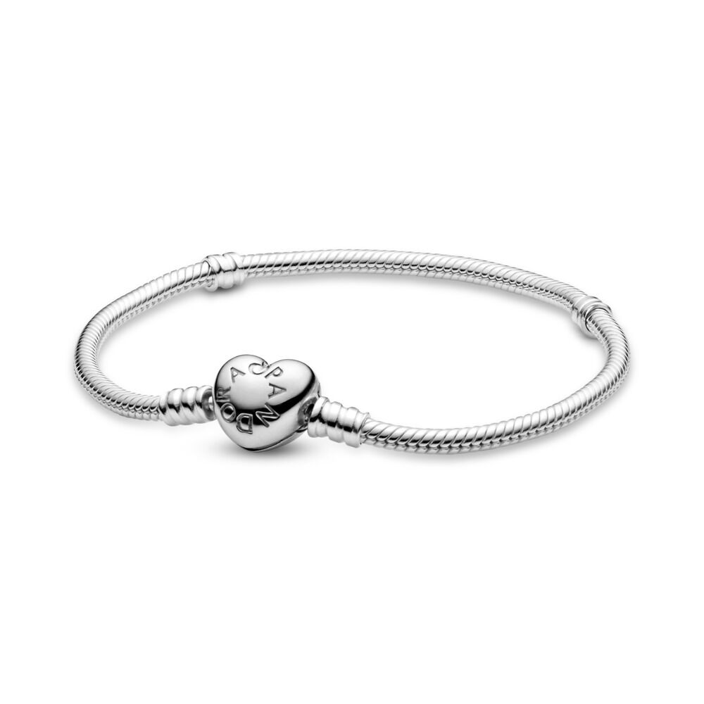 PANDORA Moments Sterling Silver Sparkling Heart Clasp Cubic Zirconia Snake Chain Bracelet For Charms in Black Womens Bracelets PANDORA Bracelets Save 22% 