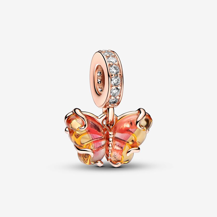 Pink & Yellow Murano Glass Butterfly Dangle Charm image number 0