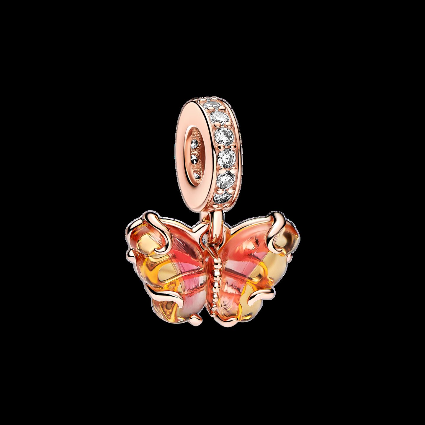 Женский шарм Pandora Pink & Yellow Murano Glass Butterfly Dangle Charm, цвет: Покрытие розовым золотом — фото 2