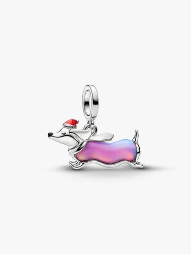 Christmas Dachshund Dangle Charm, Platinum Plated