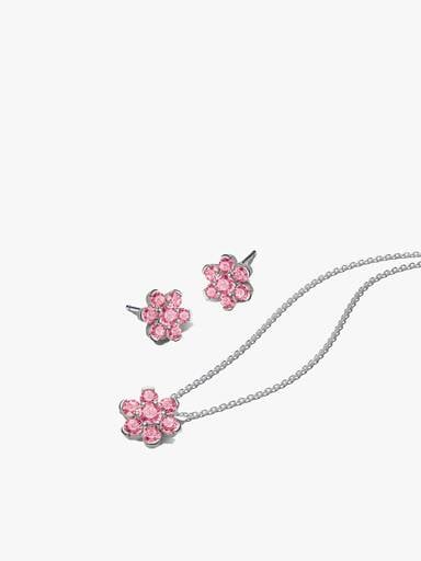 Sparkling Silver Pink Flower Necklace & Earrings Set