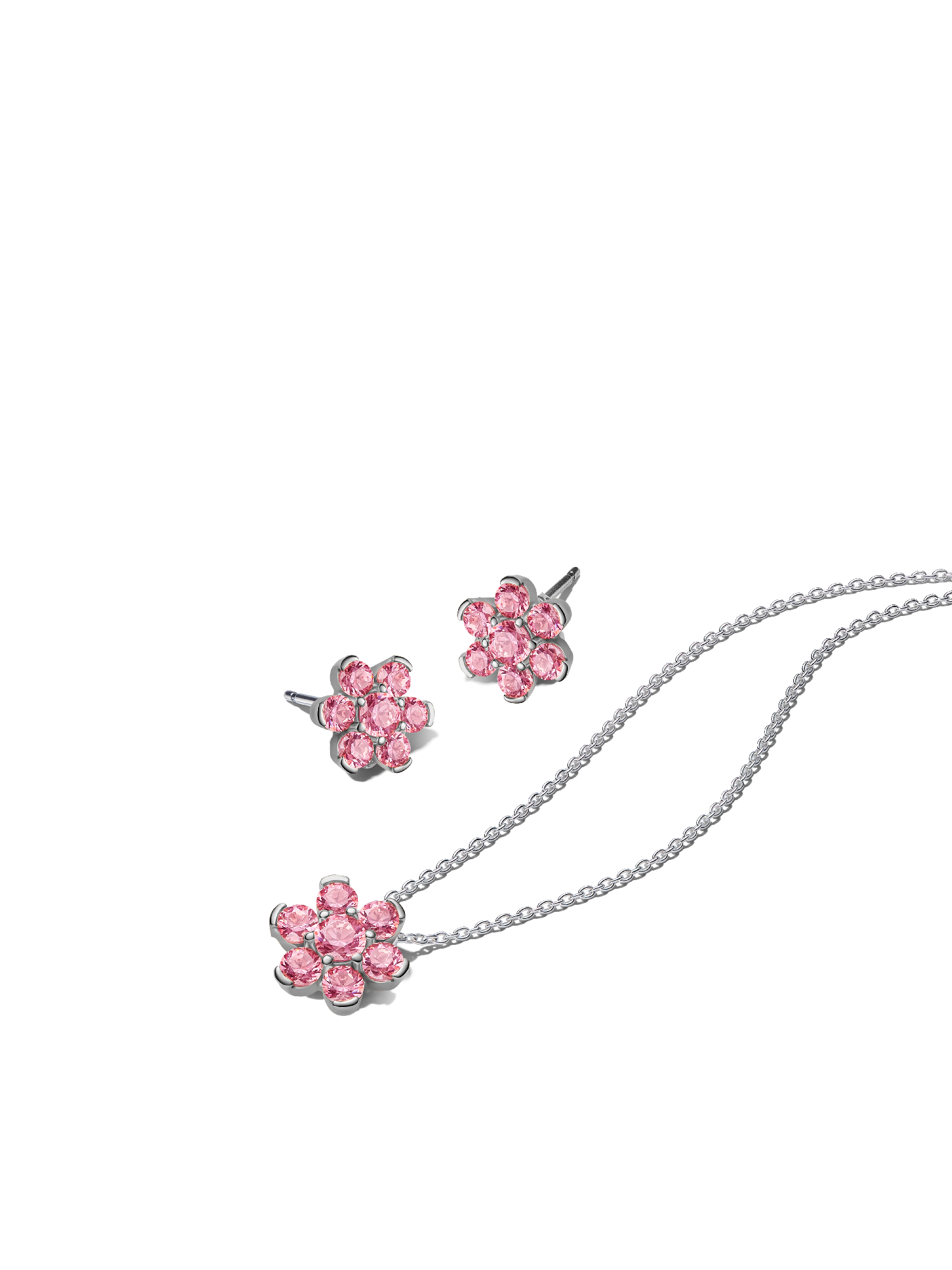 Sparkling Silver Pink Flower Necklace & Earrings Set