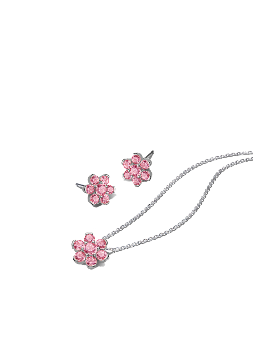 Sparkling Silver Pink Flower Necklace & Earrings Set