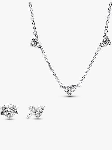 Triple Stone Heart Station Necklace and Earring Set
