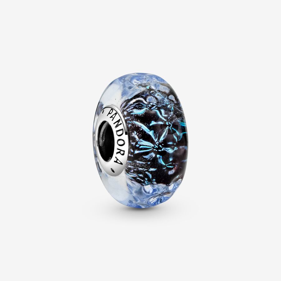 Wavy Dark Blue Murano Glass Ocean Charm, Sterling silver