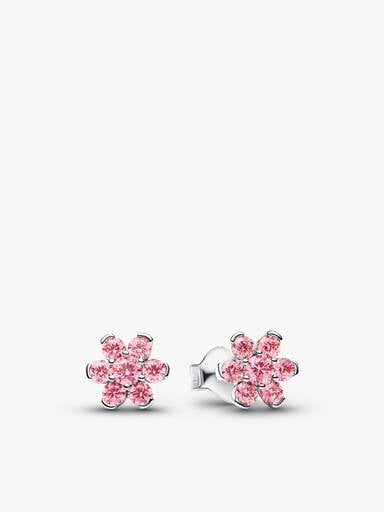 Sparkling Silver Pink Flower Necklace & Earrings Set