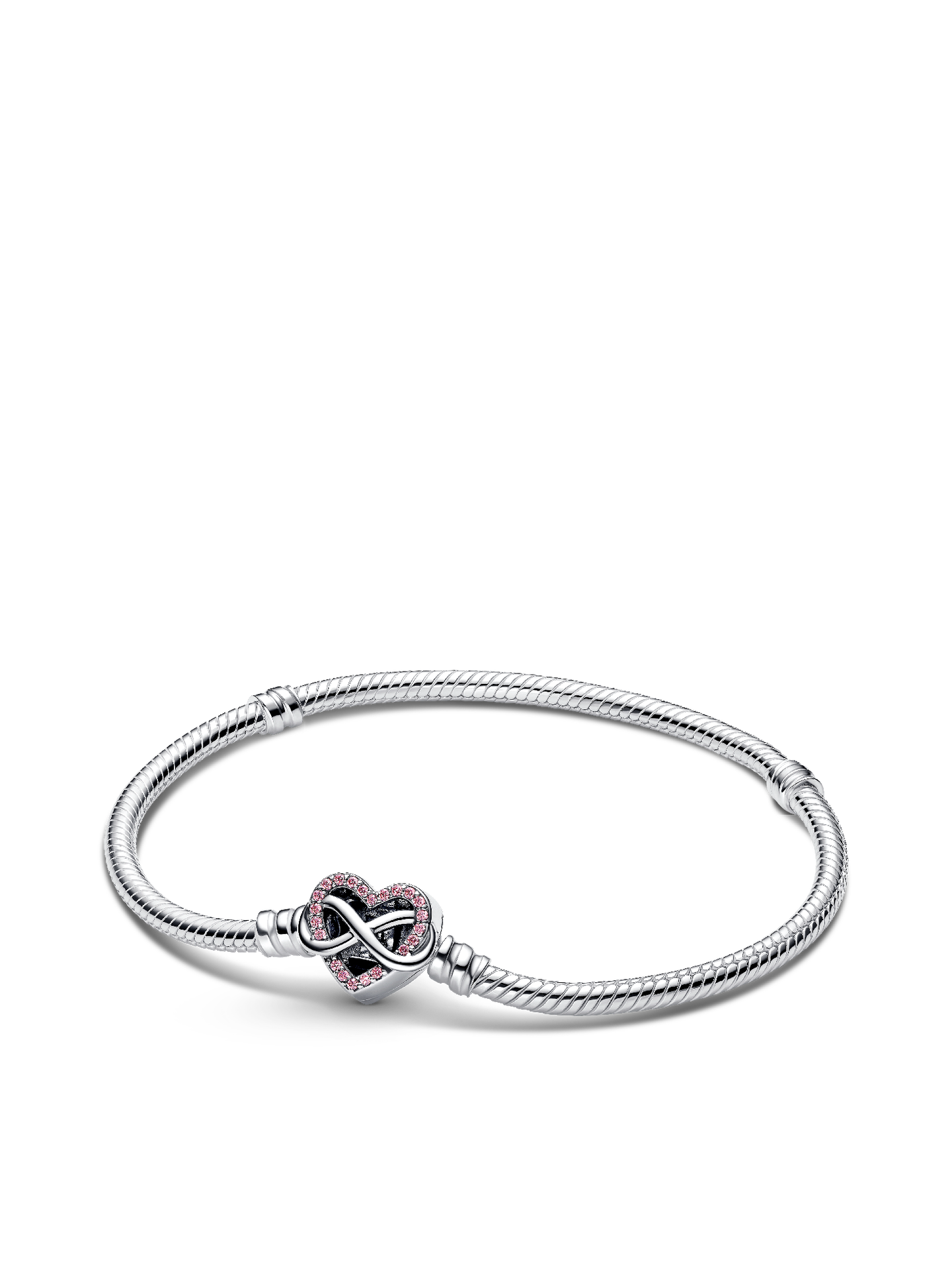 Женский браслет Pandora Sparkling Pink Infinity Heart Clasp Snake Chain, цвет: Серебро — фото 1