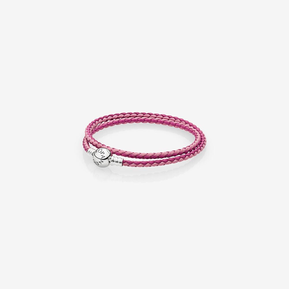 Mixed Pink Woven Double-Leather Charm Bracelet