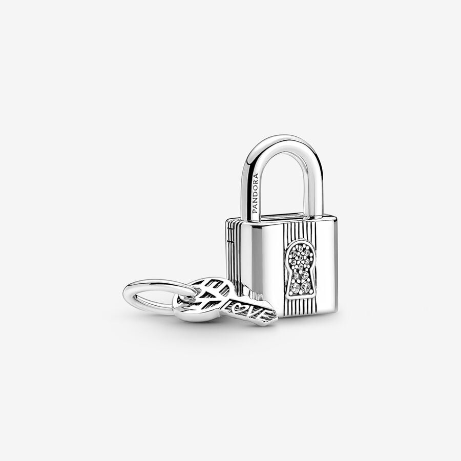 Padlock and Key Dangle Charm, Sterling silver
