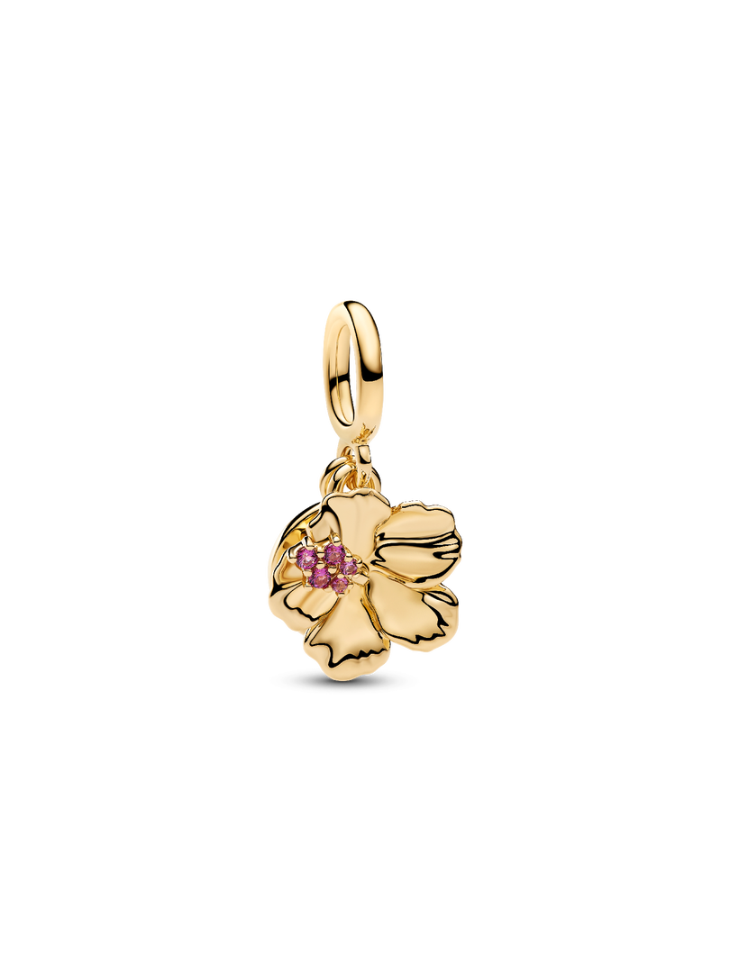 Hibiscus Flower & Engravable Round Tag Double Dangle Charm