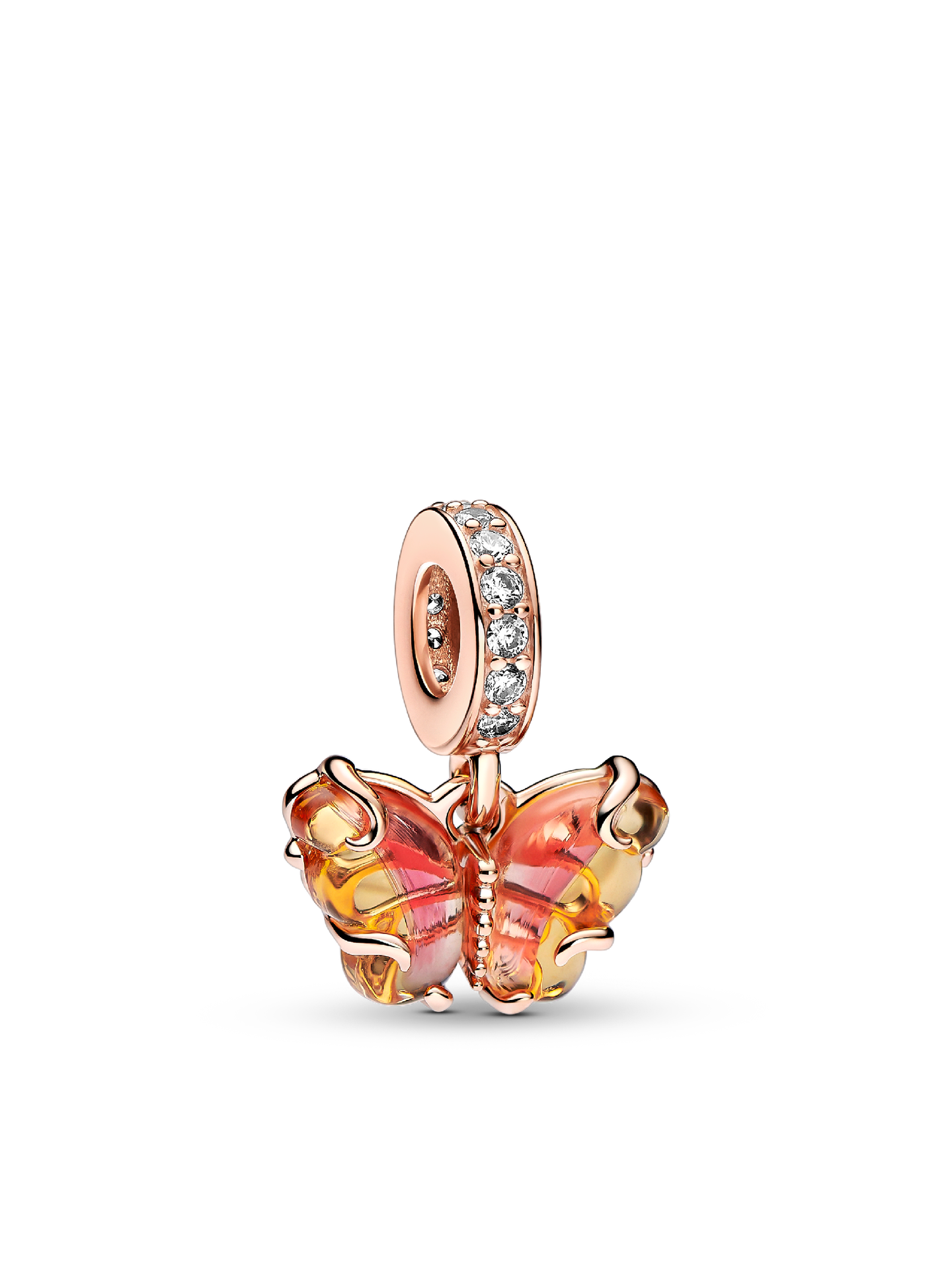 Женский шарм Pandora Pink & Yellow Murano Glass Butterfly Dangle Charm, цвет: Покрытие розовым золотом