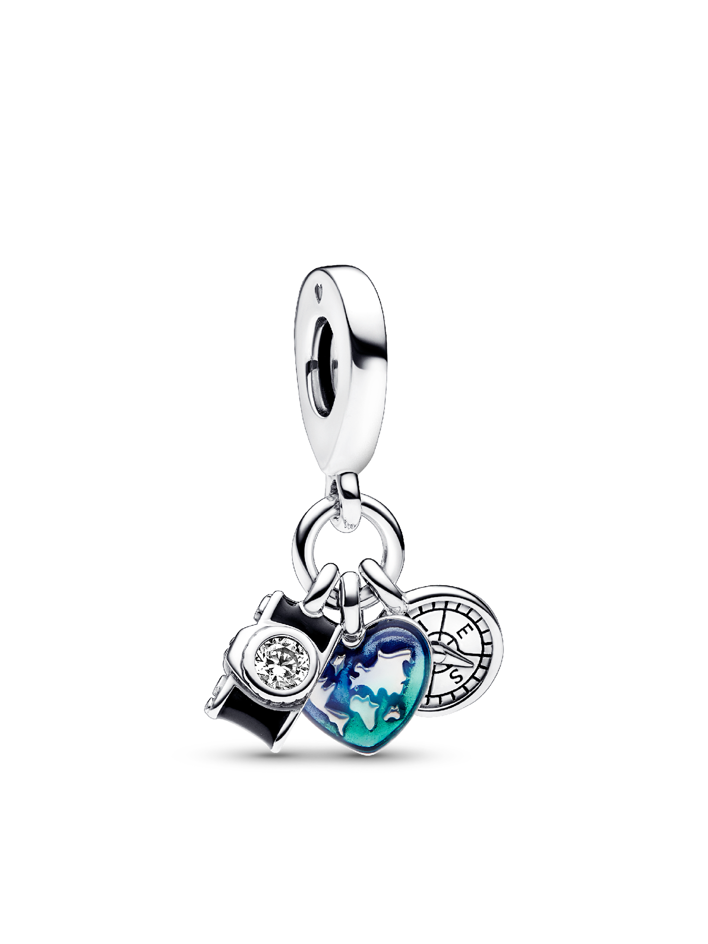 Женские украшения Pandora Camera, Heart & Compass Triple Dangle Charm, цвет: Серебро