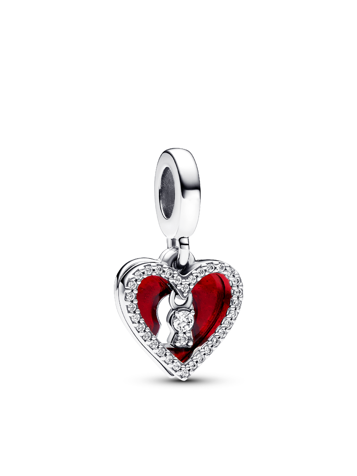 Женский шарм Pandora Red Heart & Keyhole Double Dangle Charm, цвет: Серебро