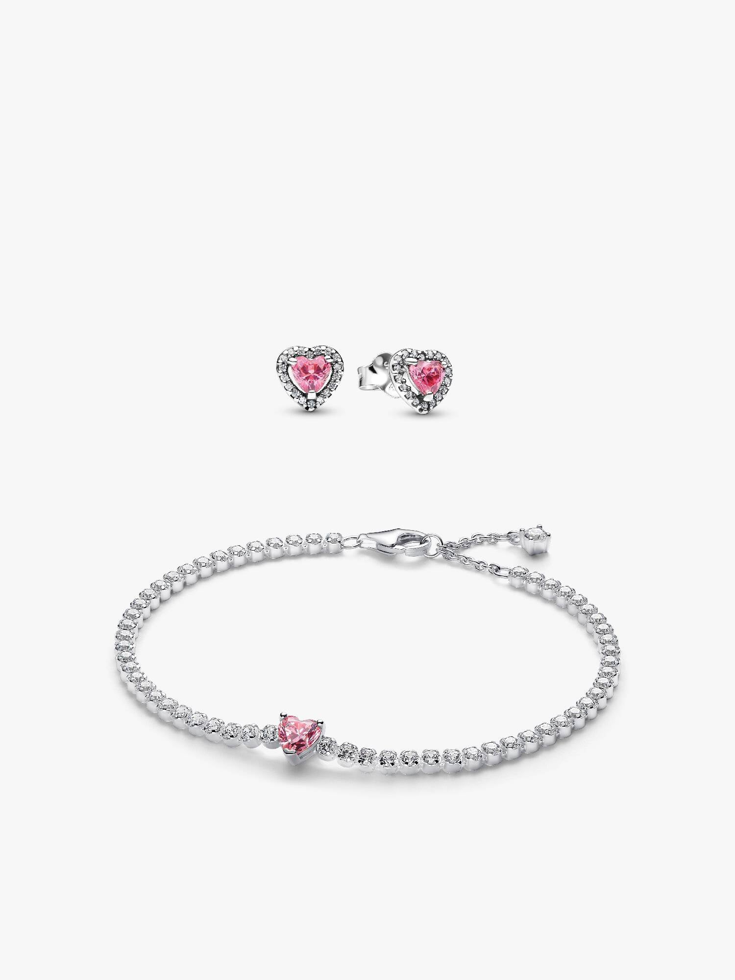 Pink Sparkling Heart Bracelet and Earring Set