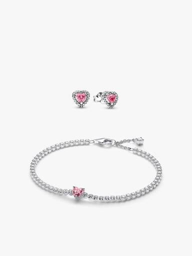 Pink Sparkling Heart Bracelet and Earring Set