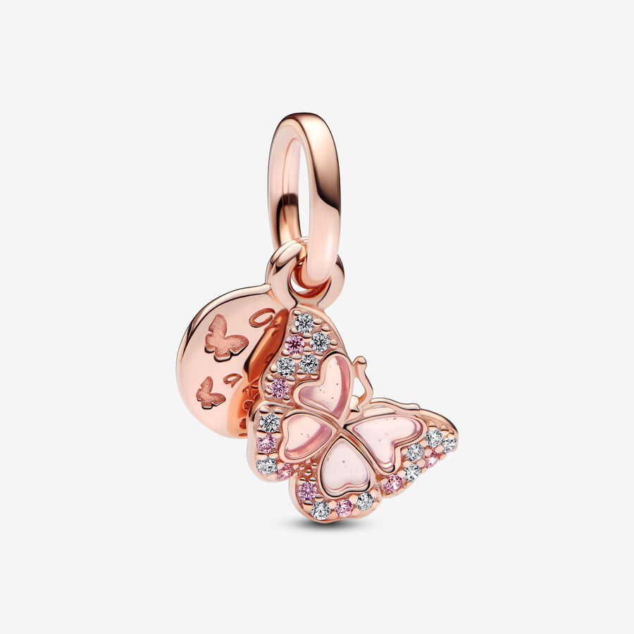 Pink Butterfly & Quote Double Dangle Charm Rose gold plated Pandora US
