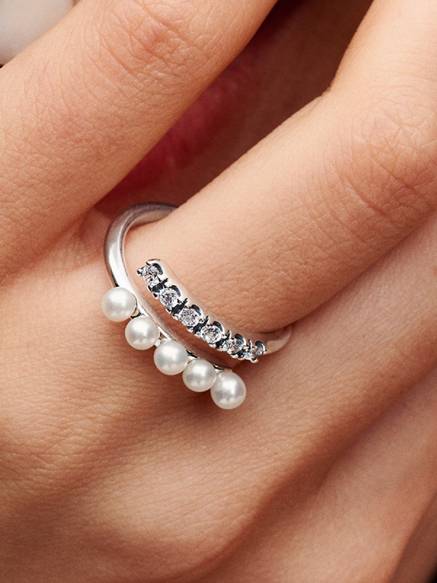Женское кольцо Pandora Treated Freshwater Cultured Pearls & Pavé Open, цвет: Серебро — фото 3