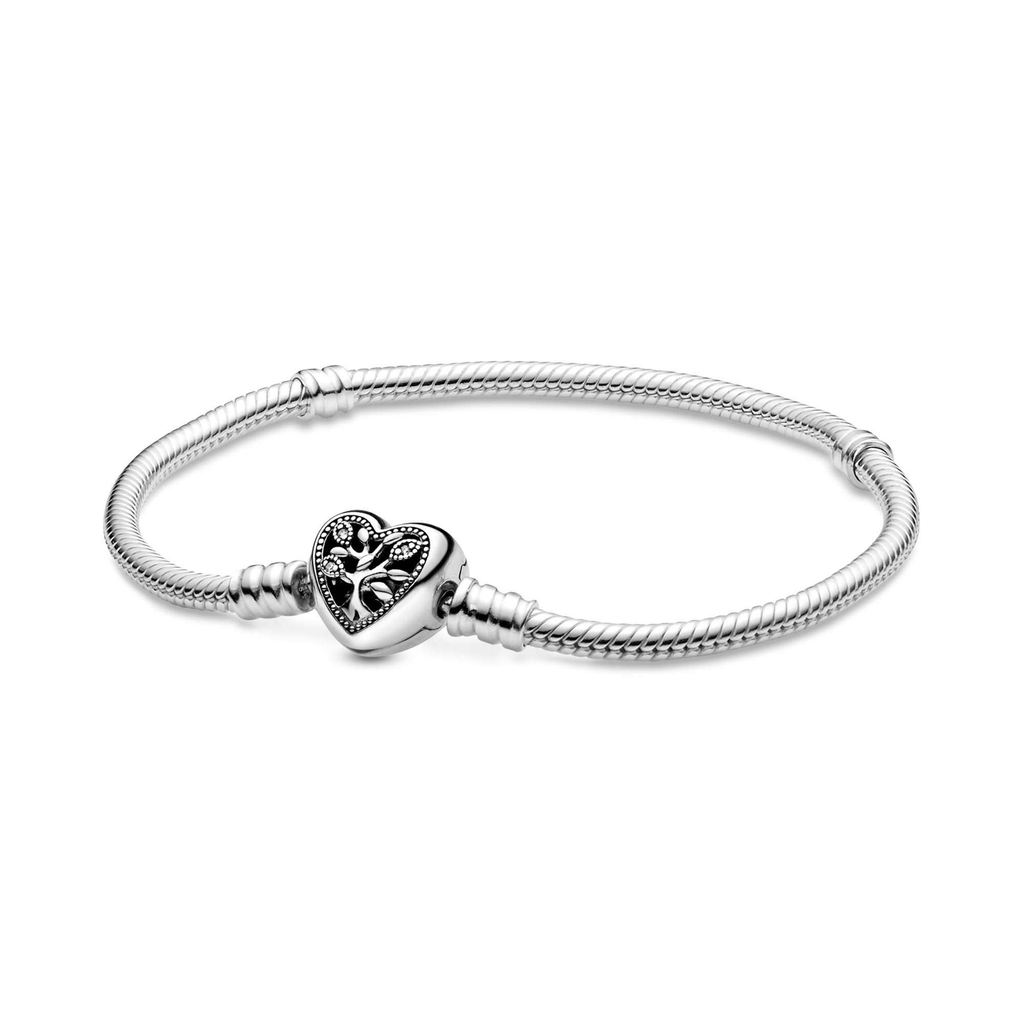 Pandora Moments Family Tree Heart Clasp Snake Chain Bracelet